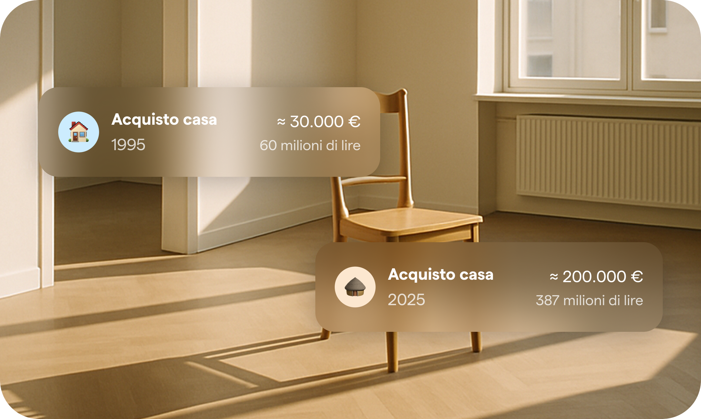 Interno di una casa vuota con componenti dell'app che indicano la variazione del prezzo di acquisto di una casa, a titolo esemplificativo, negli ultimi 30 anni.
