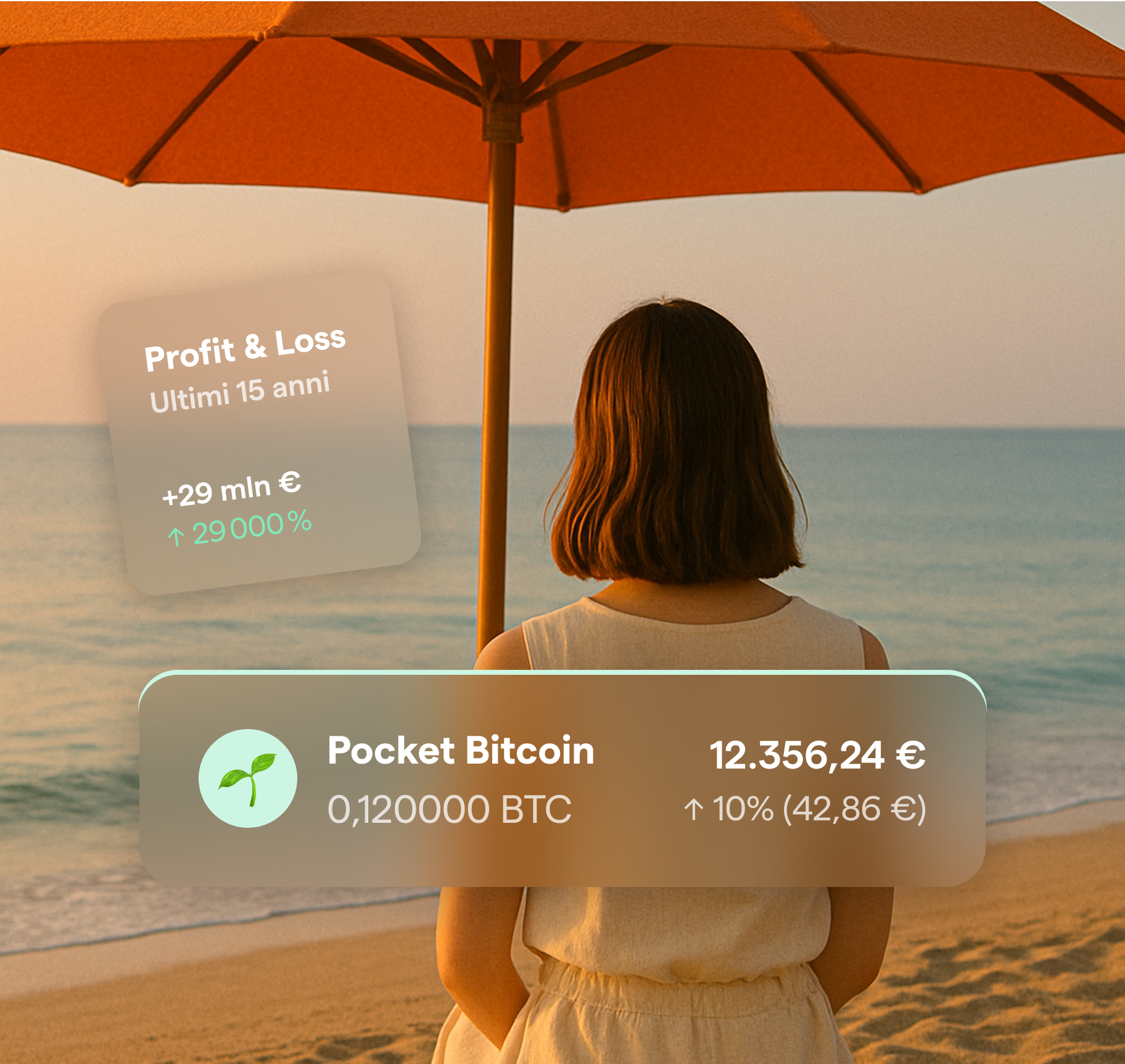 Ragazza di schiena che guarda il tramonto seduta in spiazza. Sopra all'immagine ci sono componenti dell'app che indicano l'andamento di un investimento ipotetico in Bitcoin, effettuato nel 2010