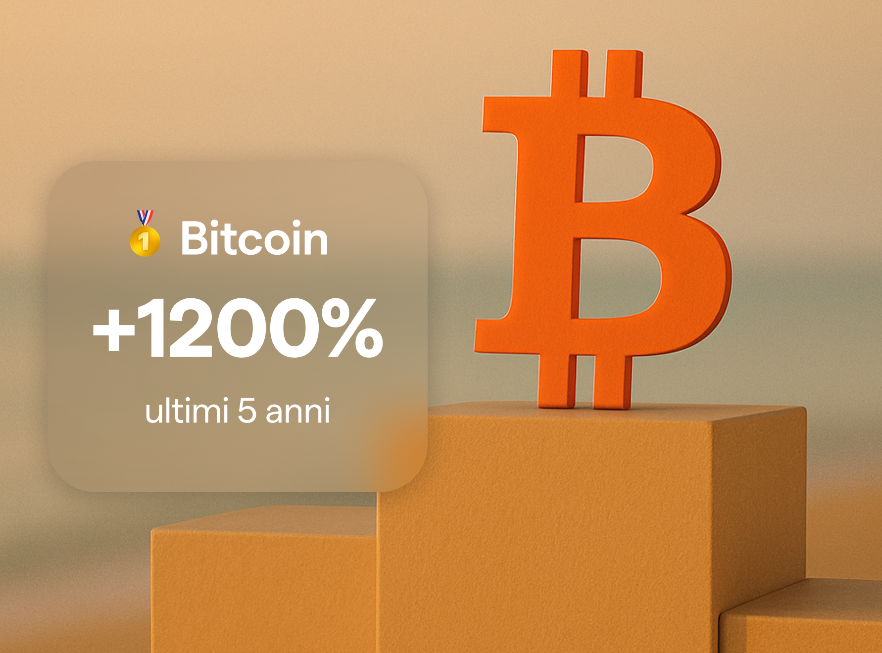 Percentuale di crescita di Bitcoin  negli ultimi 5 anni. Logo di Bitcoin appoggiato ad un podio, al primo posto